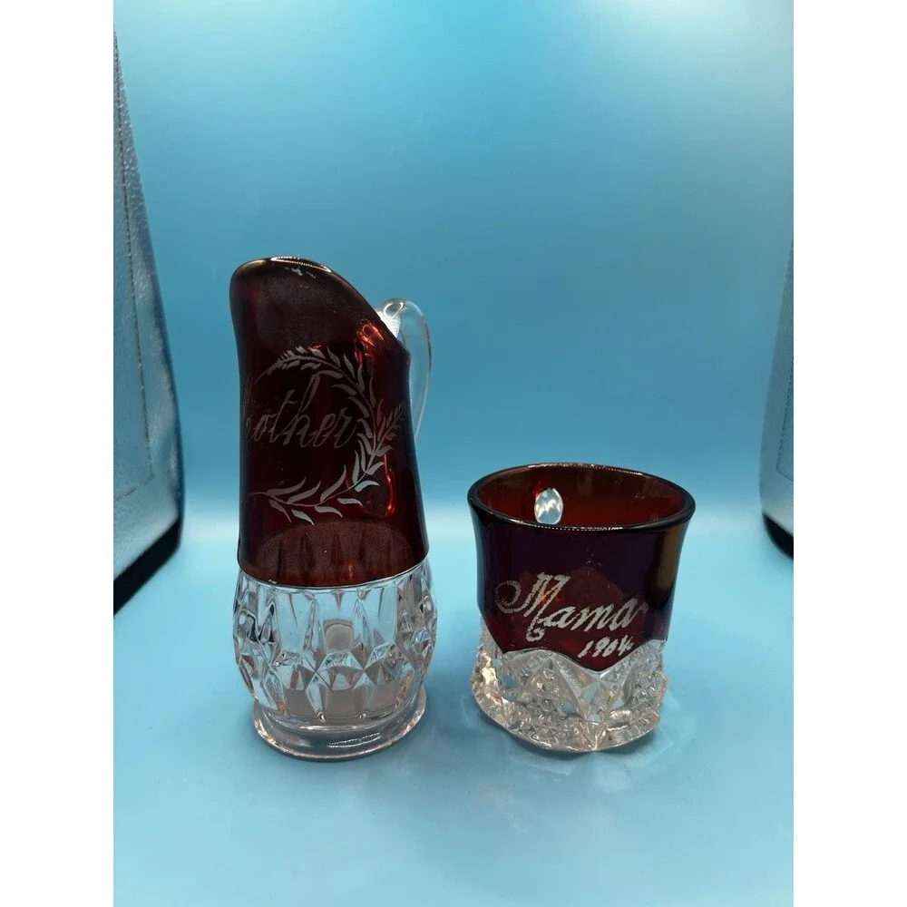 Antique Ruby Etched Pitcher Mother/mama 1904